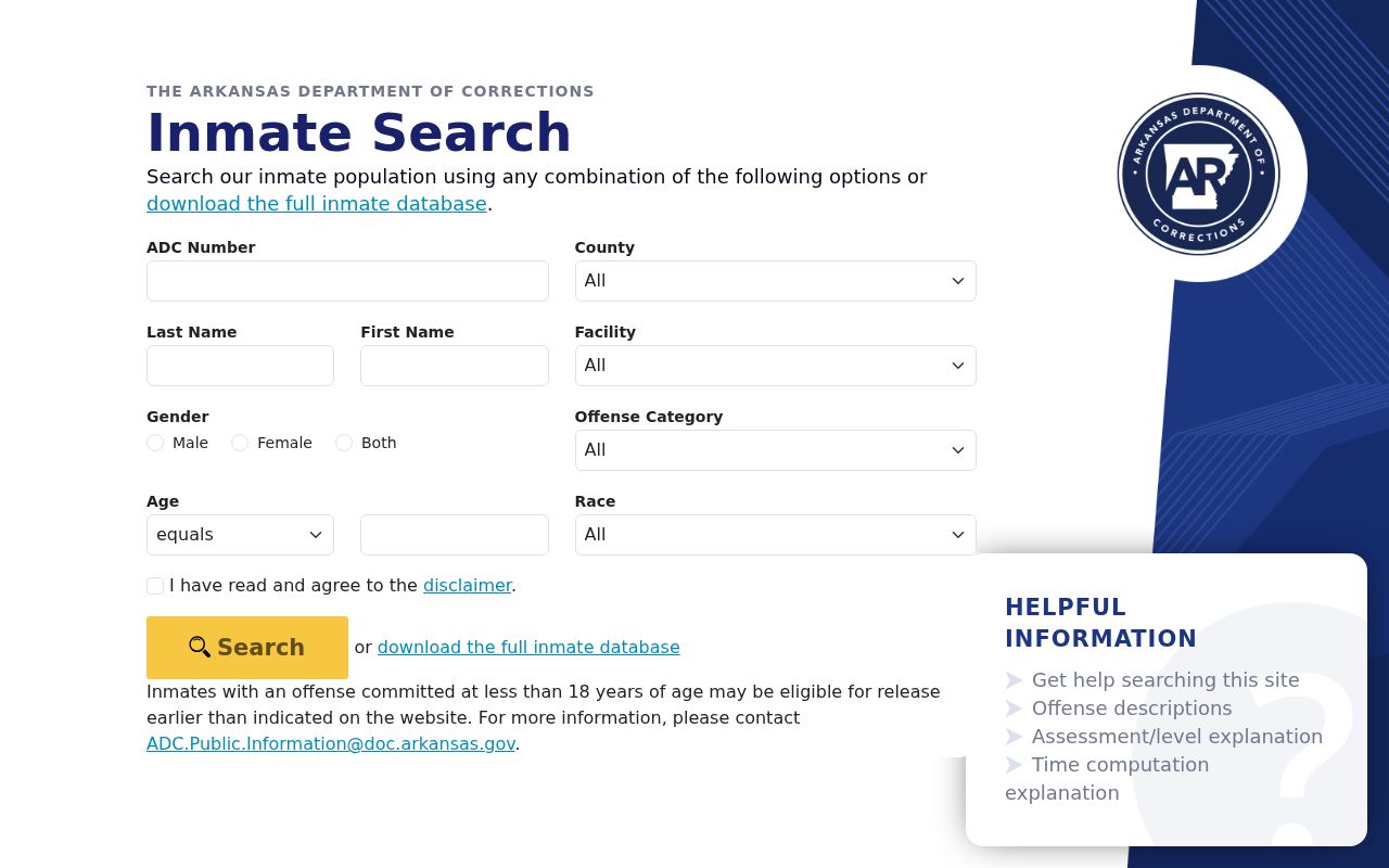 Arkansas Division of Correction inmate search for statewide directory-style lookup
