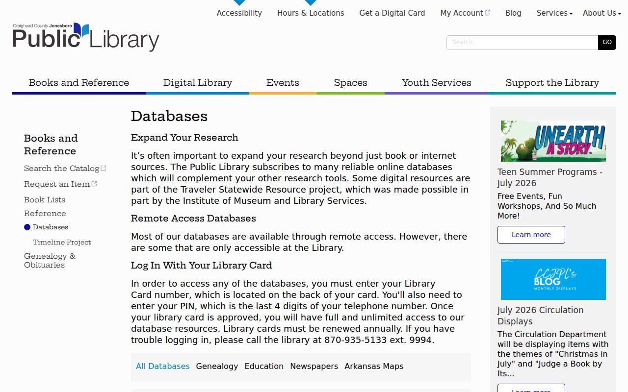 Craighead County Jonesboro Public Library databases for Jonesboro directory research