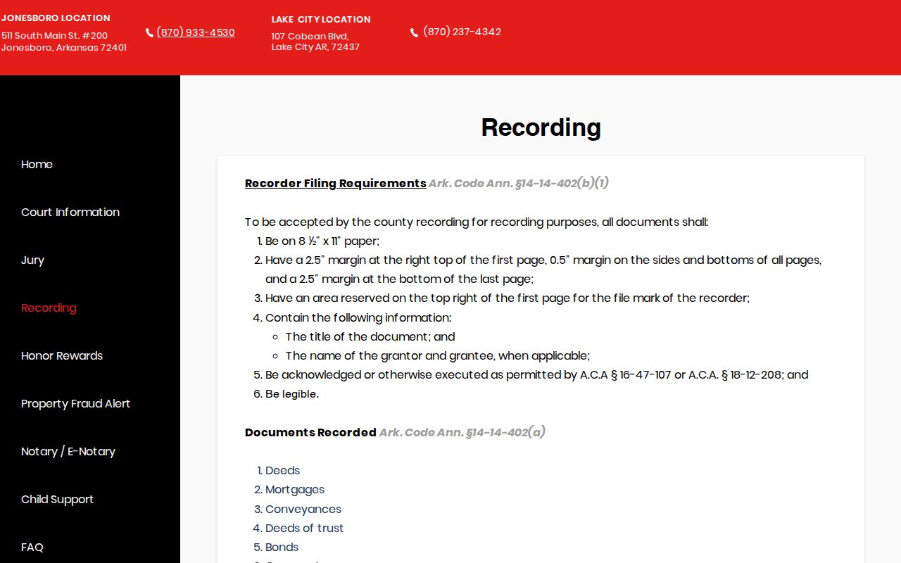 Craighead County recorder filing requirements and fees for Jonesboro public records