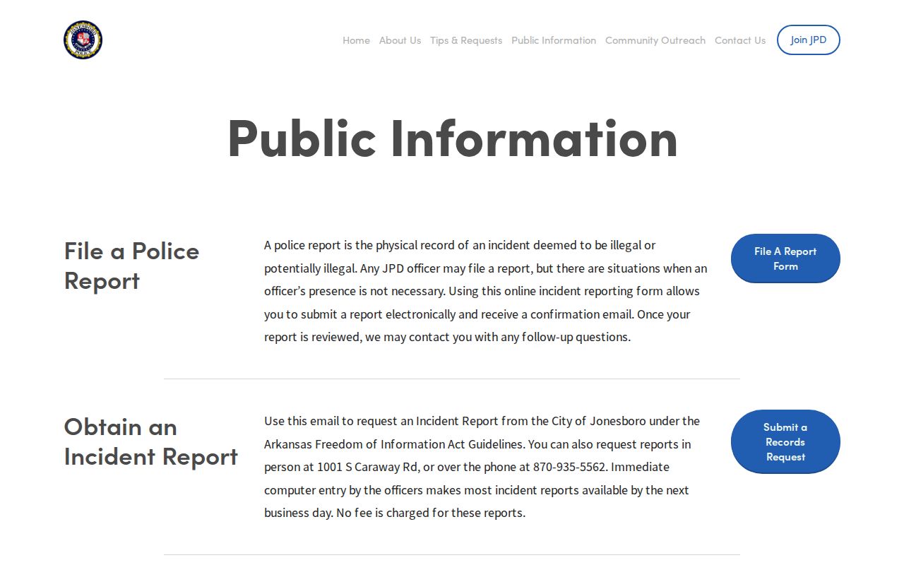 Jonesboro Police public information page for incident and accident report requests