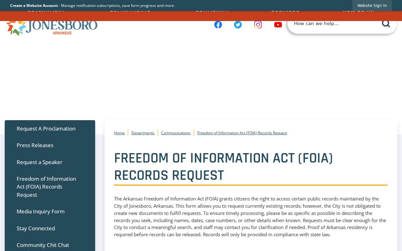 Jonesboro FOIA records request page for public records access